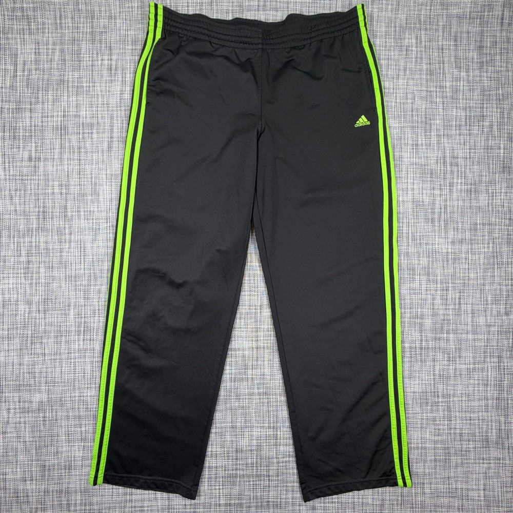 Adidas Mens XL Black Neon Green 3 Stripe Track Pants Straight Leg Athletic Knit